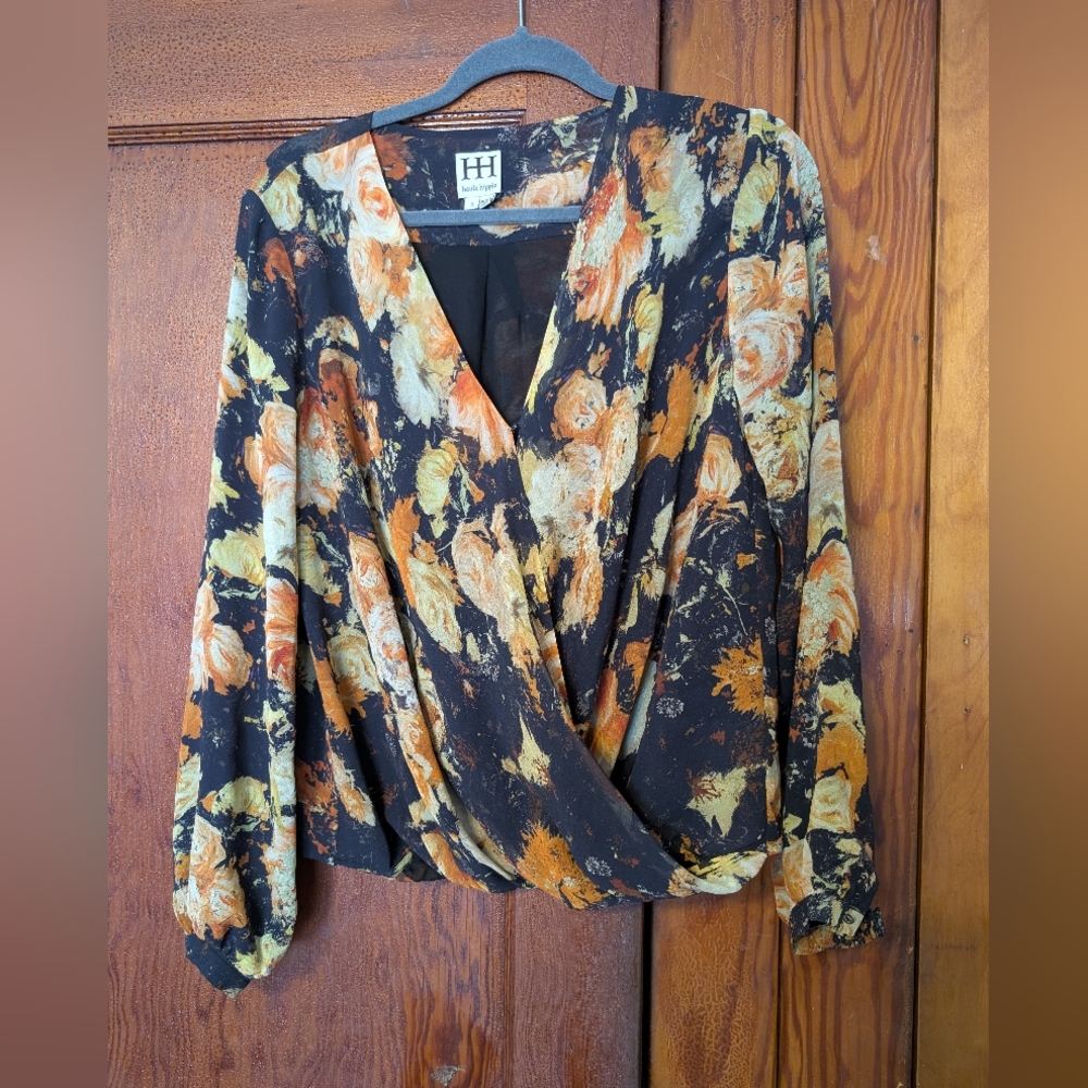 Haute Hippie Floral Faux Wrap Blouse Women's Size Small Black Yellow Orange